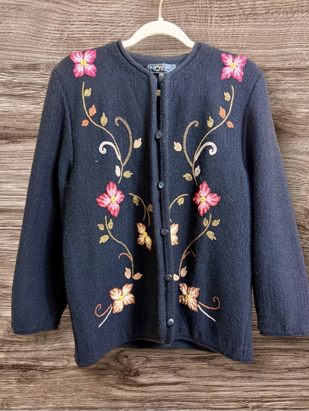Novica black embroidered alpaca, blend cardigan sweater Medium.